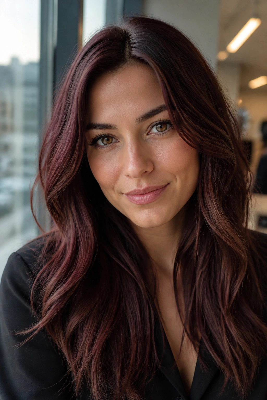 Rosewood brunette hair with cool red cast and glossy finish on cool skin.