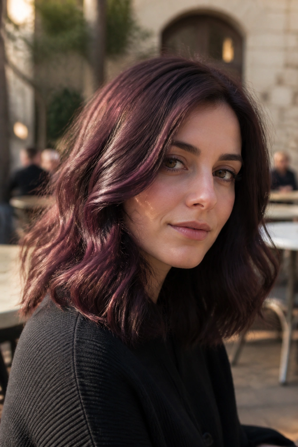 Close-up of a woman with rosewood brunette hair catching light