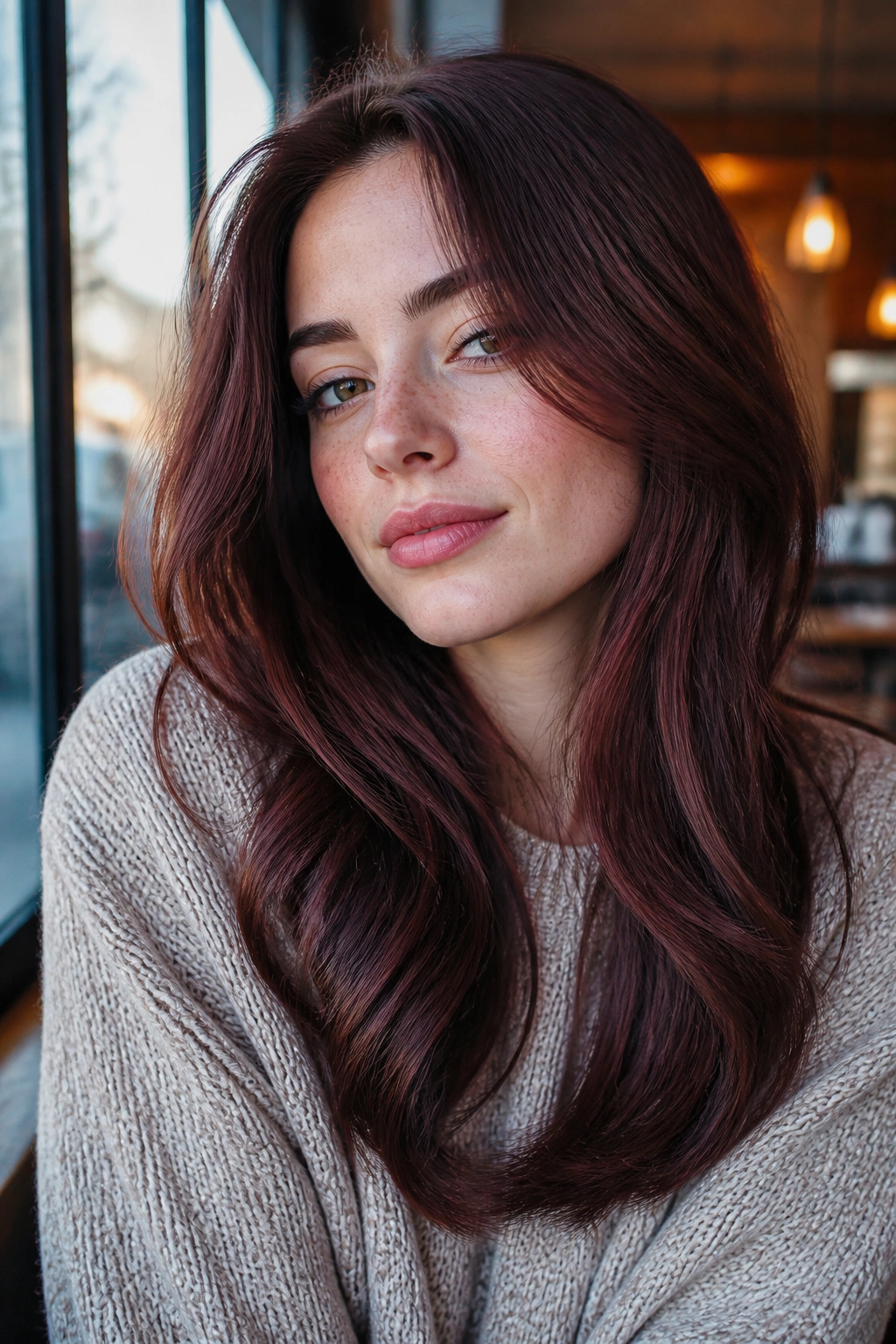 Close-up of rosewood brunette with soft cool flush hair