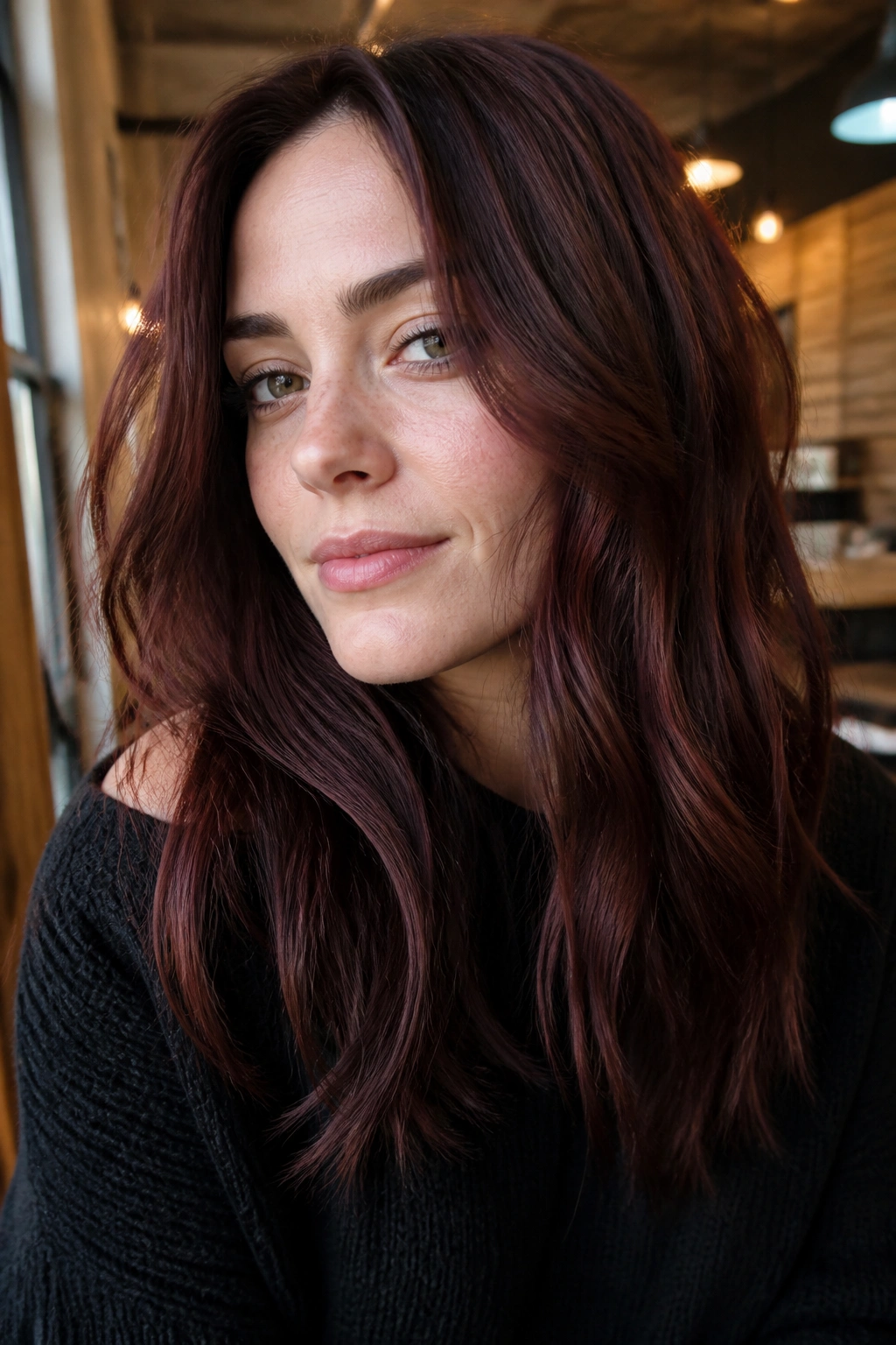 Close-up of rosewood brunette hair on a real woman in a warm cafe setting
