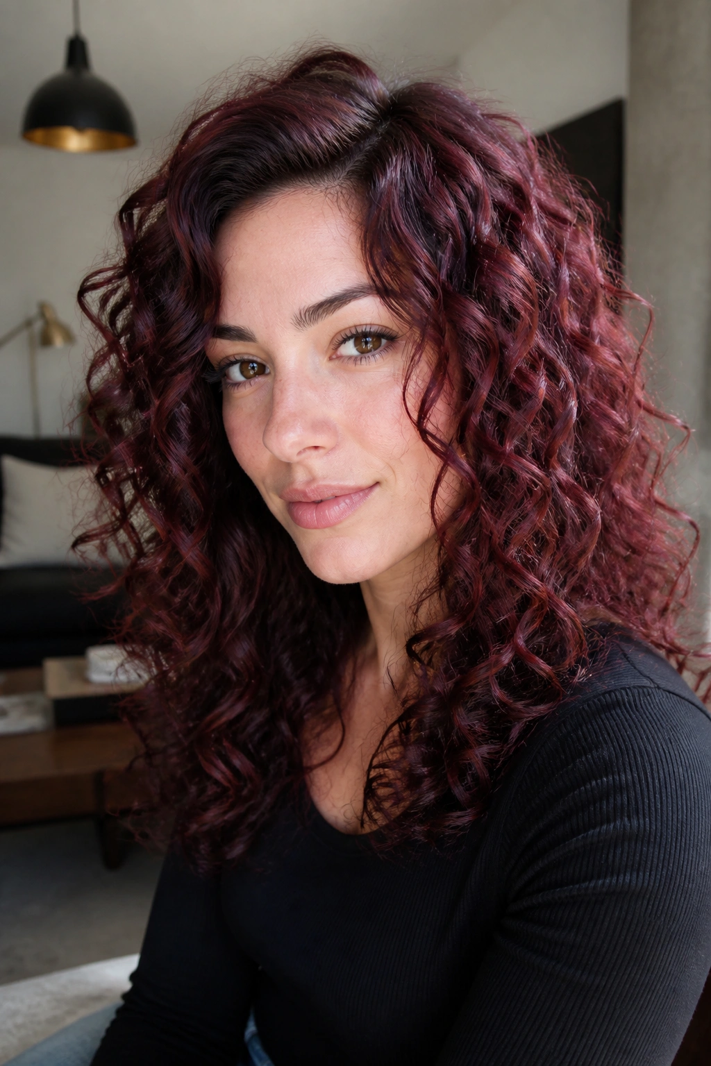 Close-up of rosewood burgundy curls on a real person