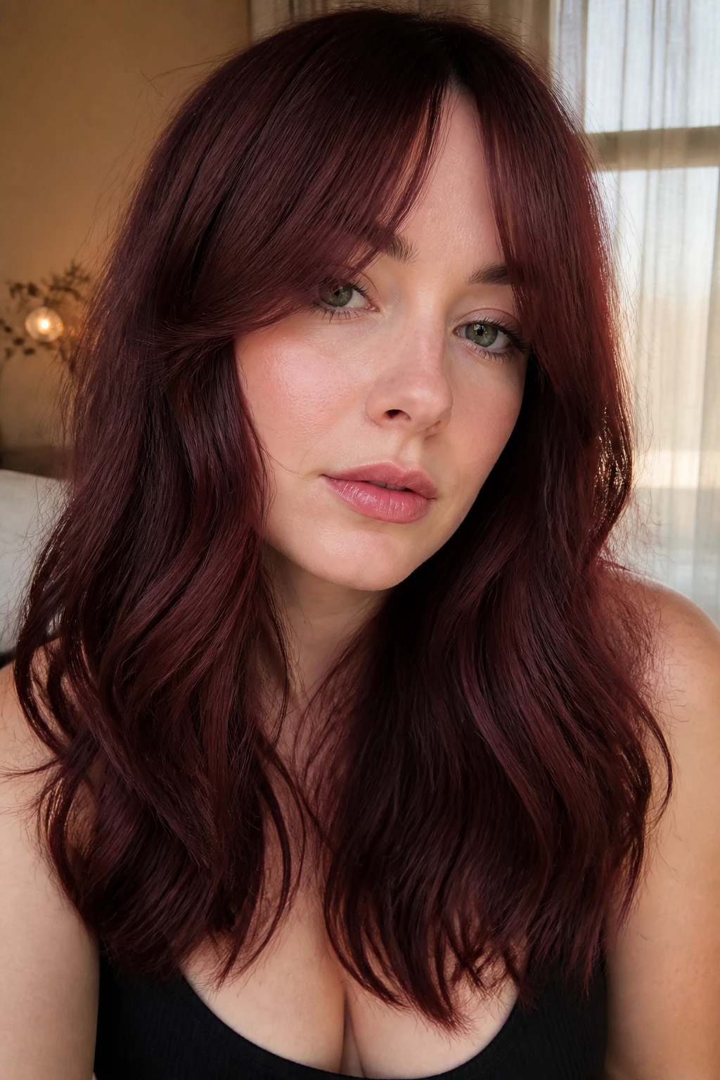 Close-up of a real woman with rosewood burgundy curtain bangs