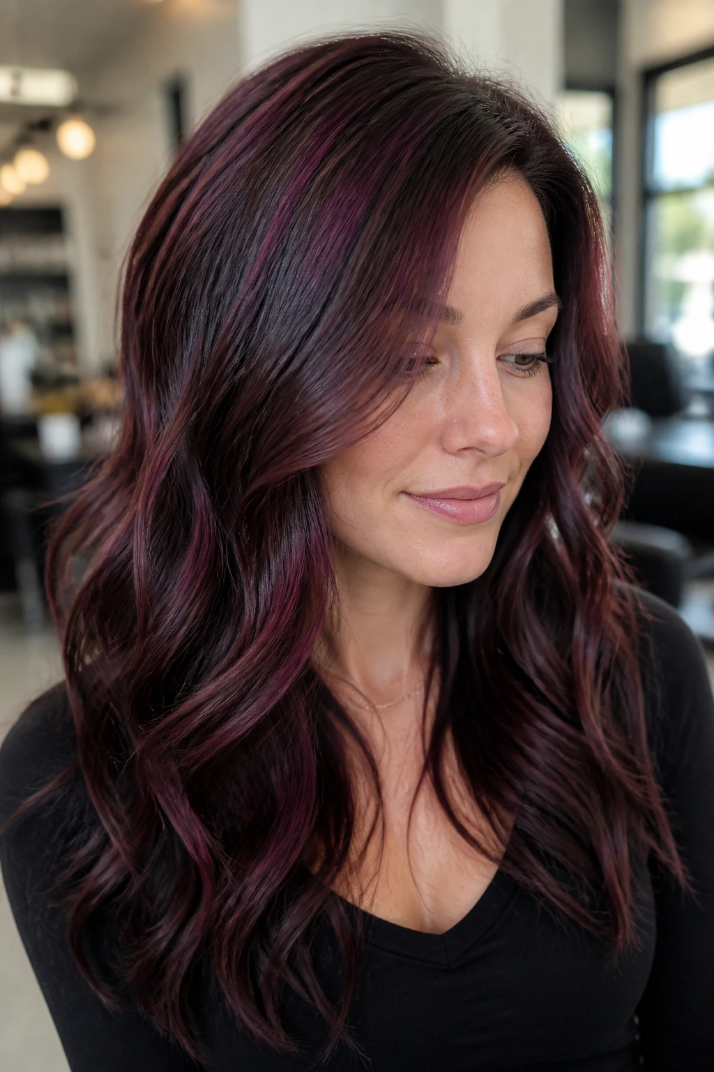 Real person with rosewood burgundy highlights in dark hair