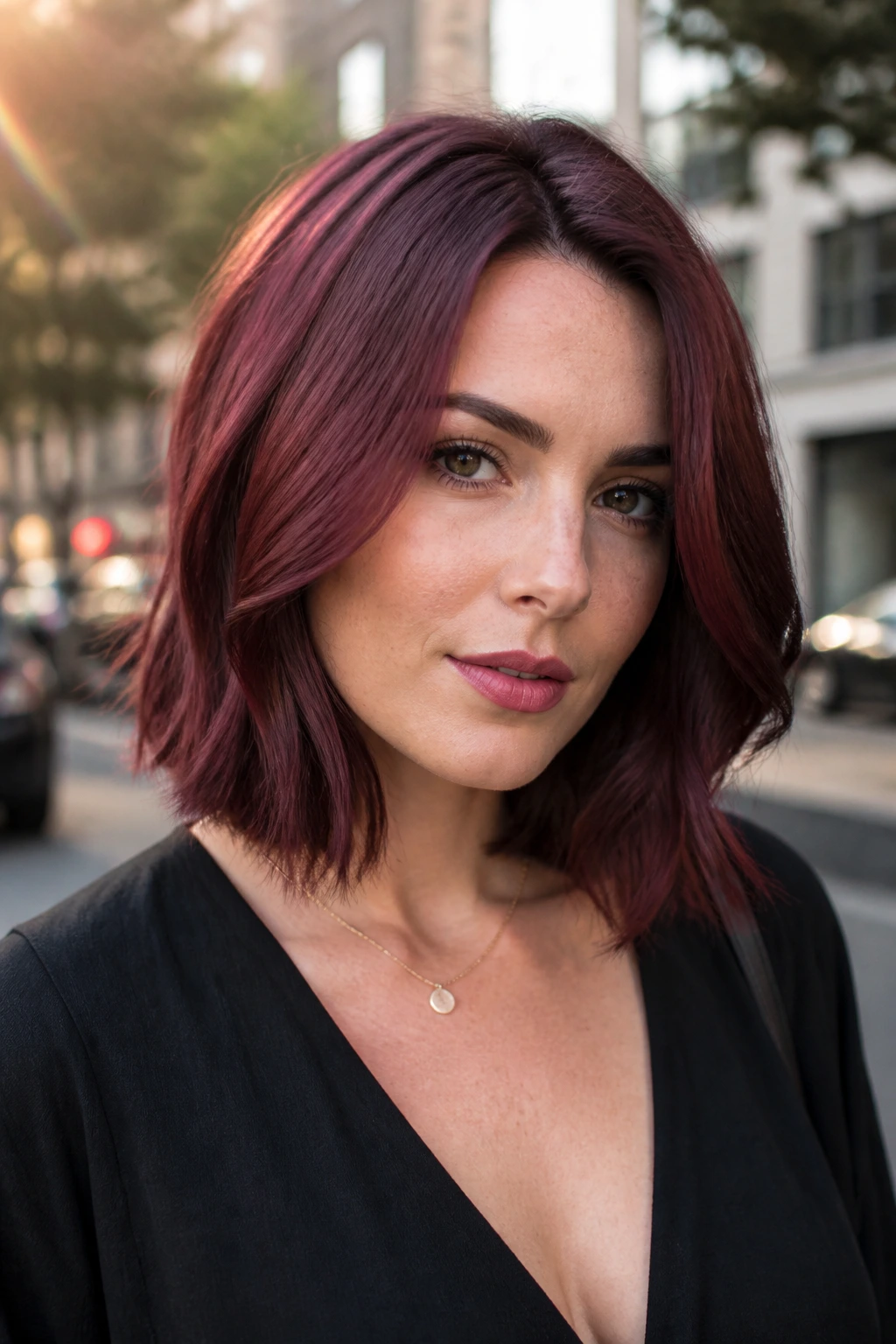 Real woman with rosewood burgundy lob, close-up outdoors with diffused daylight.