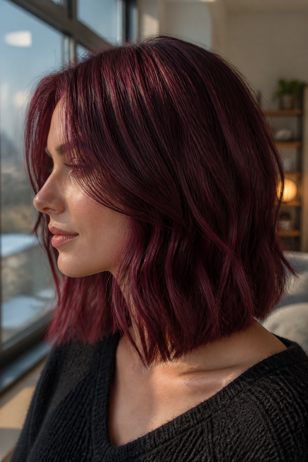 Side-profile portrait of a woman with rosewood burgundy lob hair