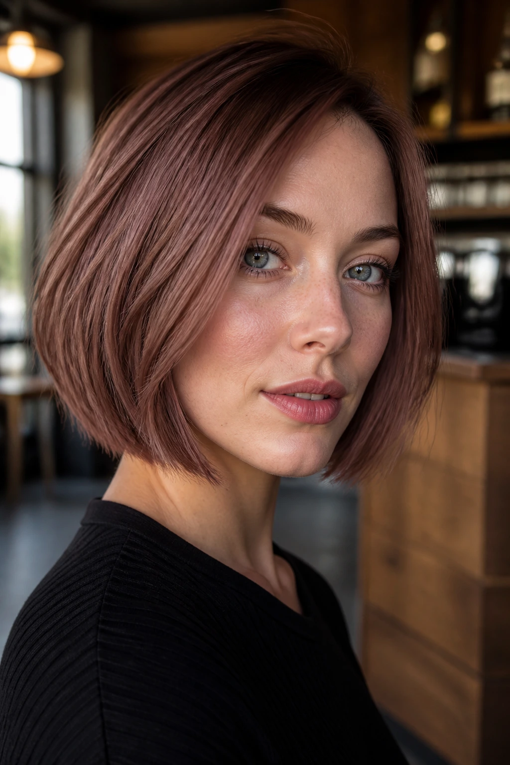 Portrait of a woman with rosewood copper bob hairstyle
