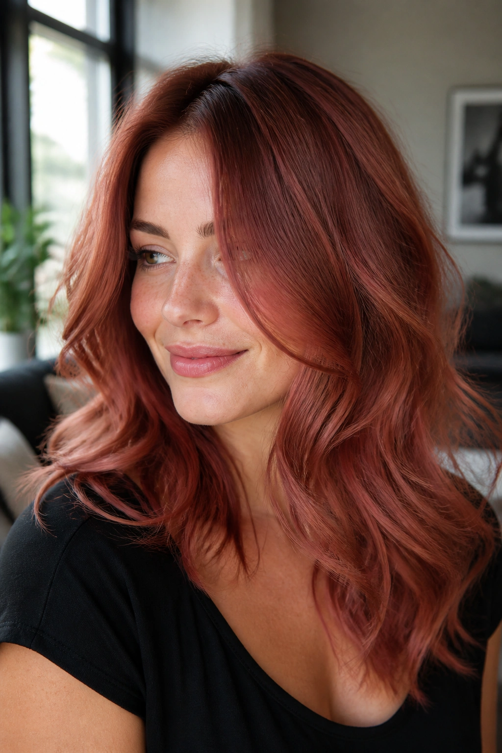 Portrait of real woman with rosewood copper hair and airy feathered ends