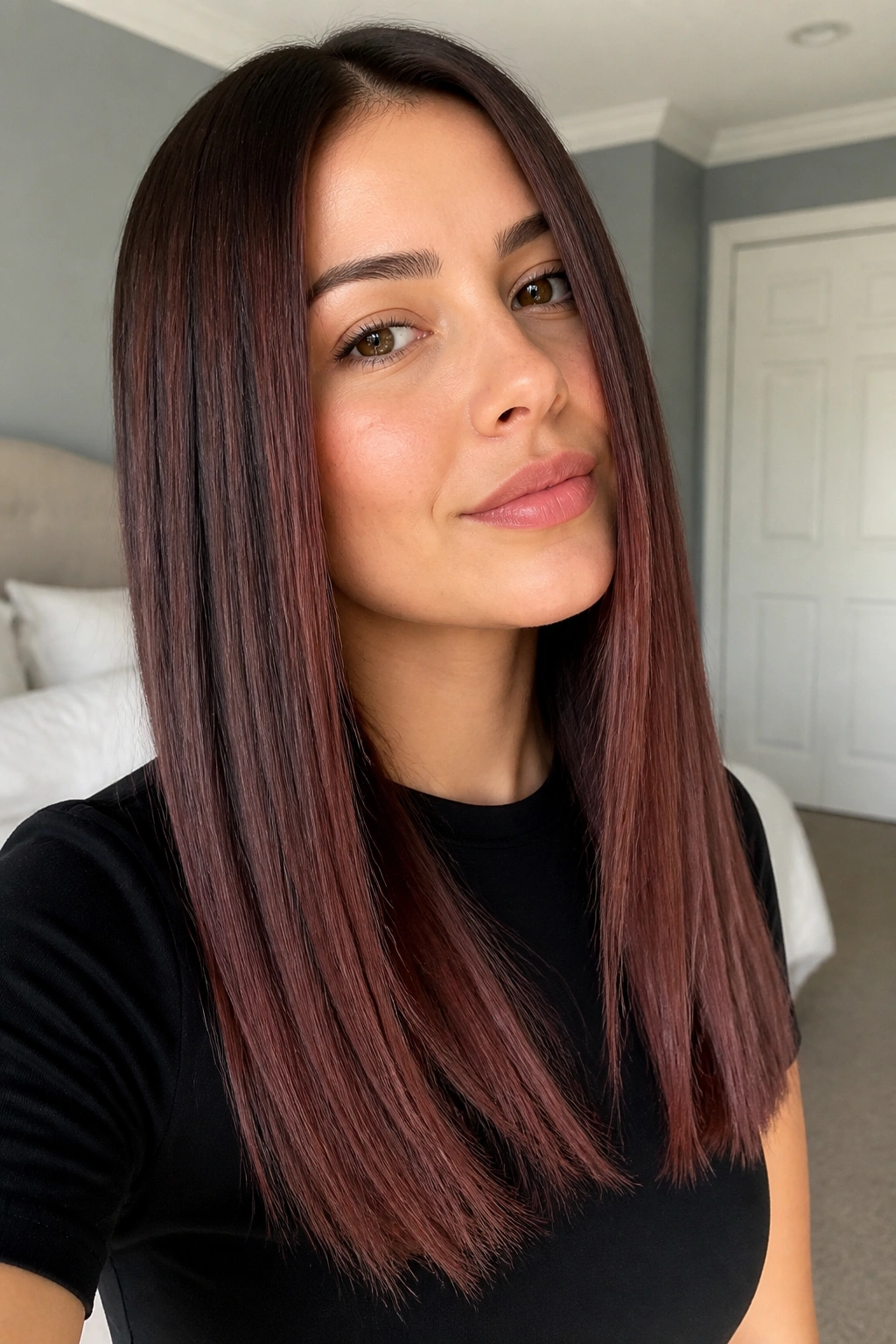 Close-up of a real woman with rosewood fade on blunt one-length hair.