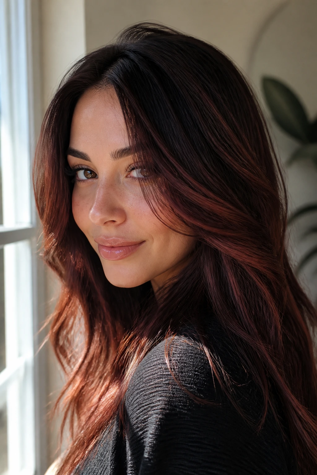 Close-up of a woman with rosewood highlights on brown hair under warm window light