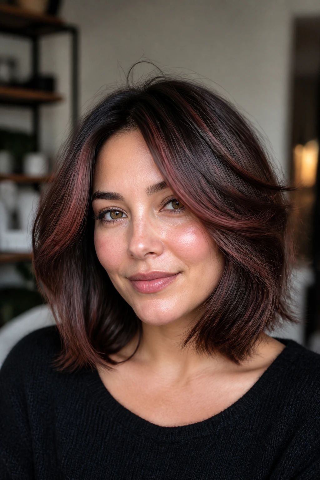 Close-up portrait of a real person with rosewood highlights on layered lob