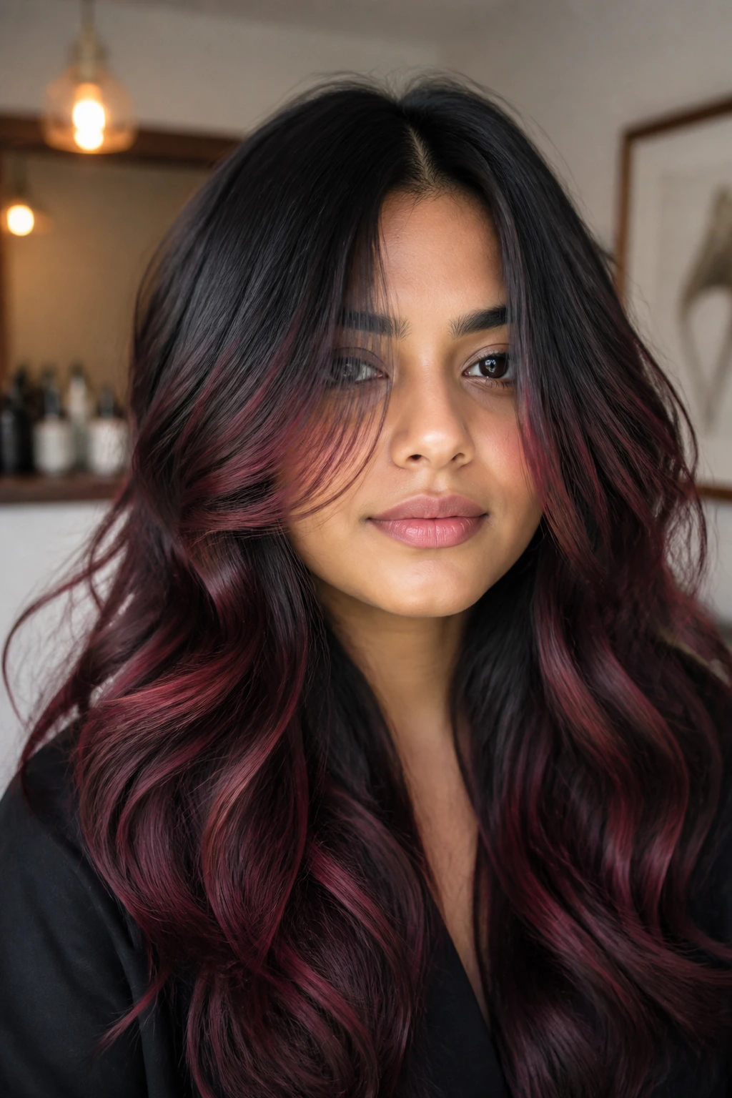 Close-up of a real person with rosewood highlights in thick hair