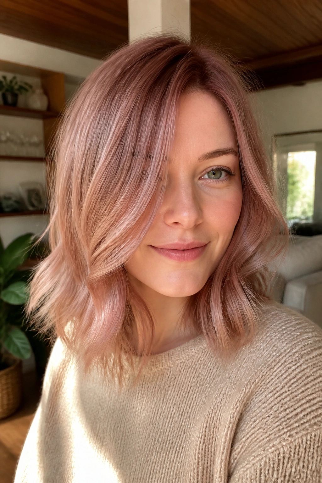 Close-up portrait of a real woman with a rosewood lob color featuring rosewood glaze over beige-blonde base in natural window light