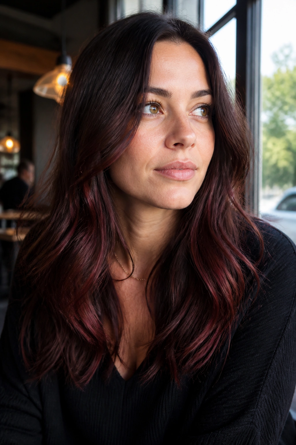 Brunette with rosewood lowlights through midlengths in soft daylight