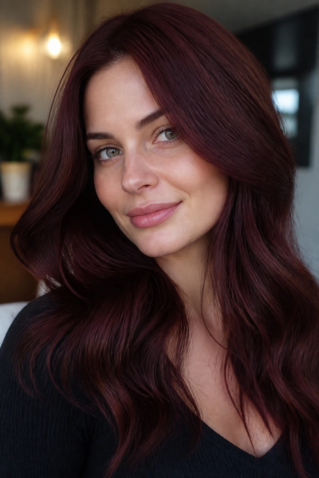 Close-up portrait of a woman with rosewood mahogany hair on neutral-cool skin, softly lit by window light.