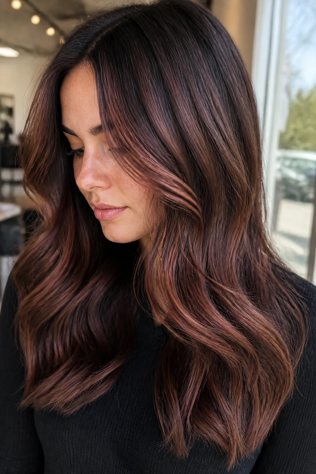 Close-up of a real woman's hair showing cool brown base with rosewood mahogany highlights