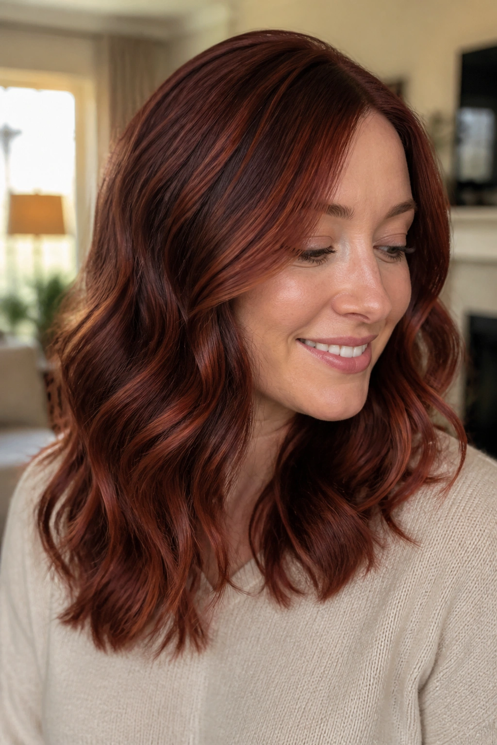 Close-up of a real woman with rosewood mahogany copper waves in soft window light