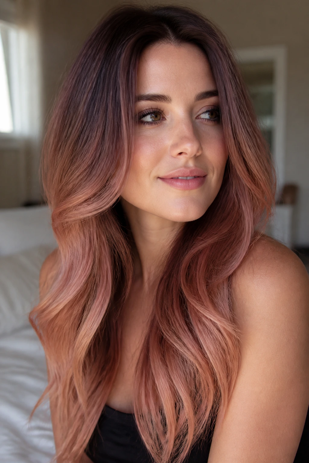 Close-up of a real woman with soft rosewood ombre on layered long hair, deep root and warm ends