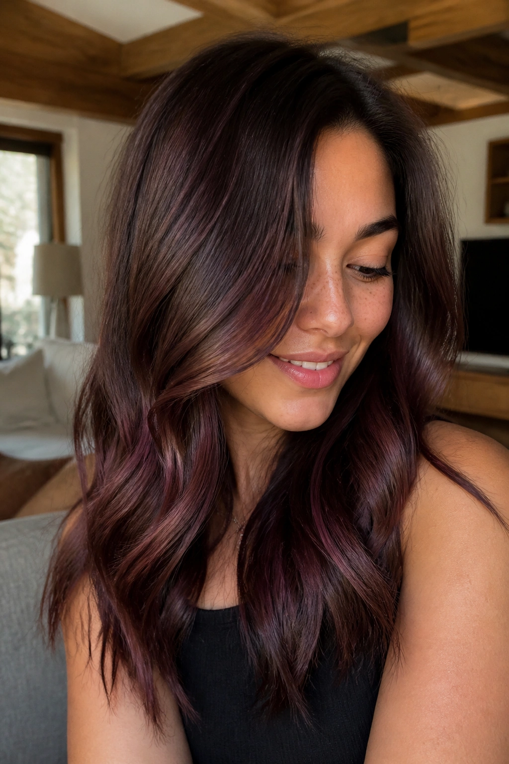 Real woman with rosewood plum balayage on brown hair in sunlit room