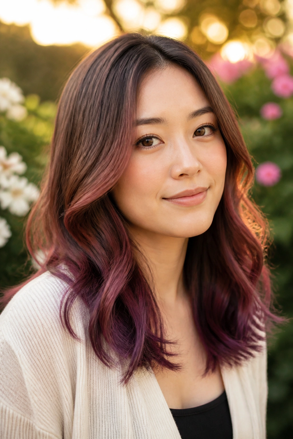 Close-up portrait showing gradient rosewood to plum ends on hair