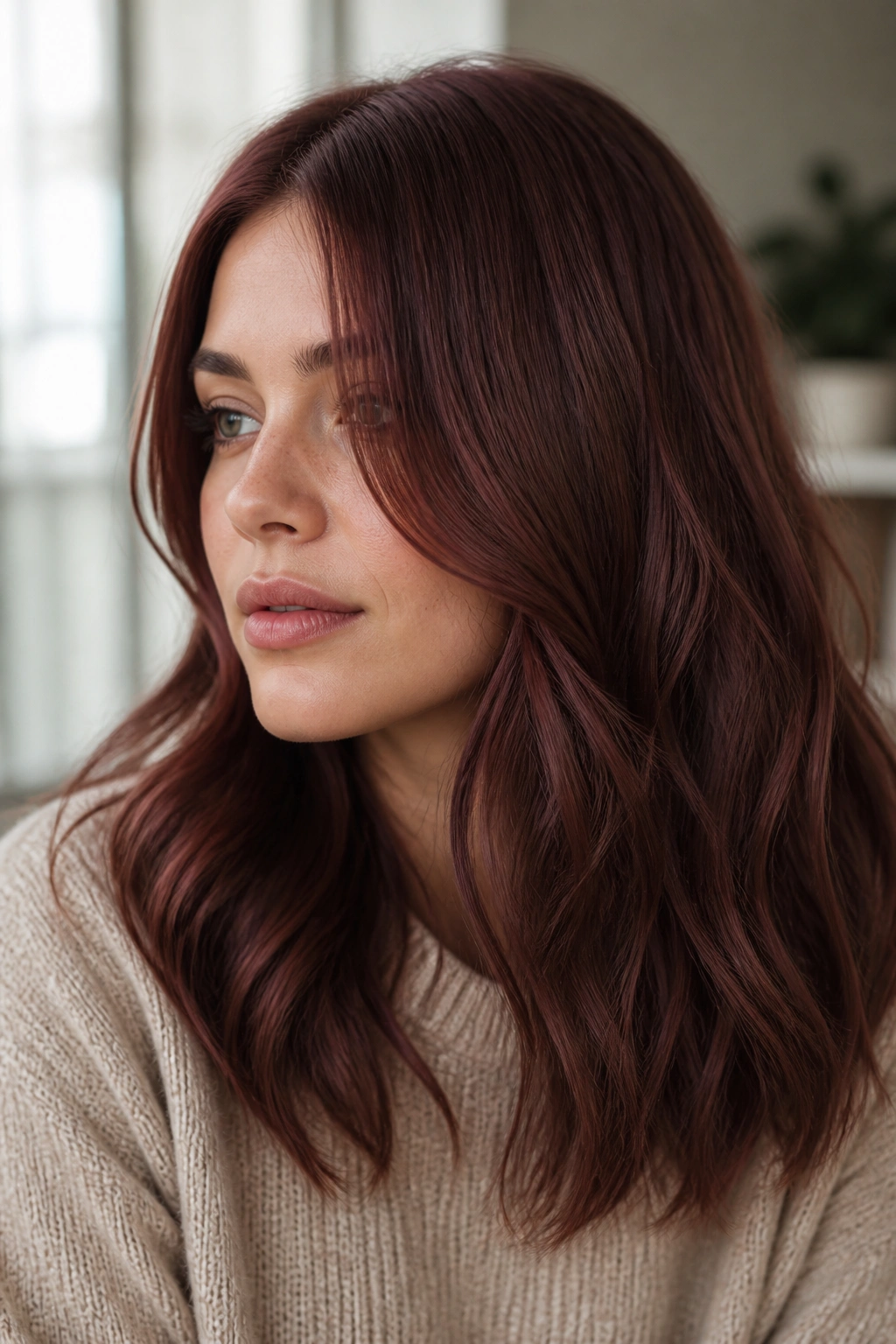 Close-up of a real woman with Rosewood Red hair in soft natural light