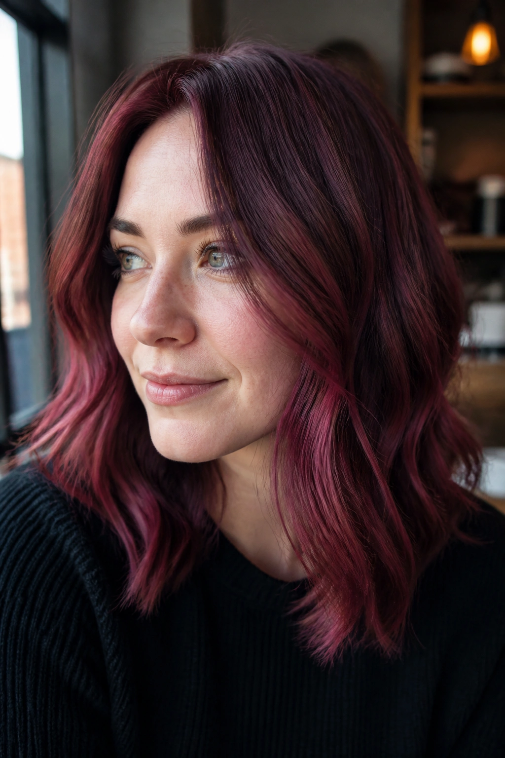 Close-up of a real woman with rosewood red hair color in cool-toned shade