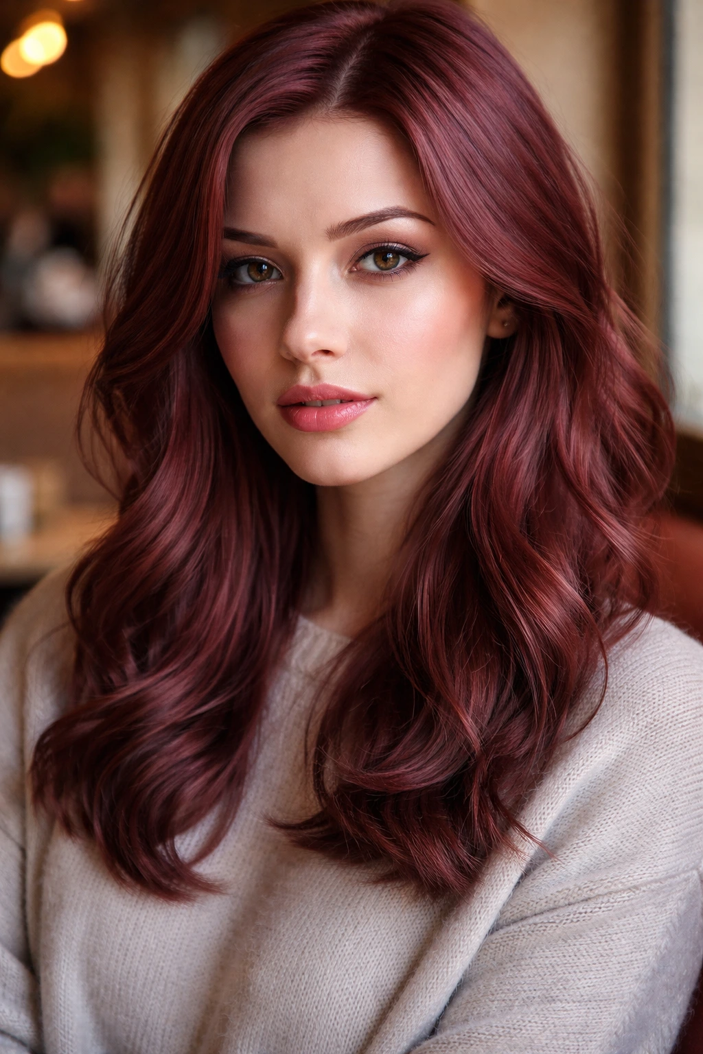 Close-up portrait of a real woman with rosewood red hair in soft daylight