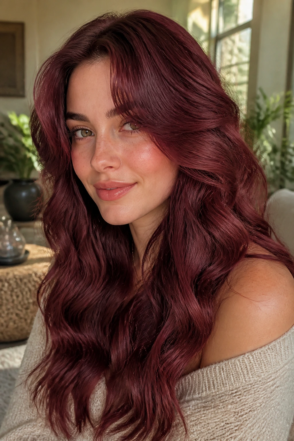 Medium close-up of rosewood red waves on a real person in warm light