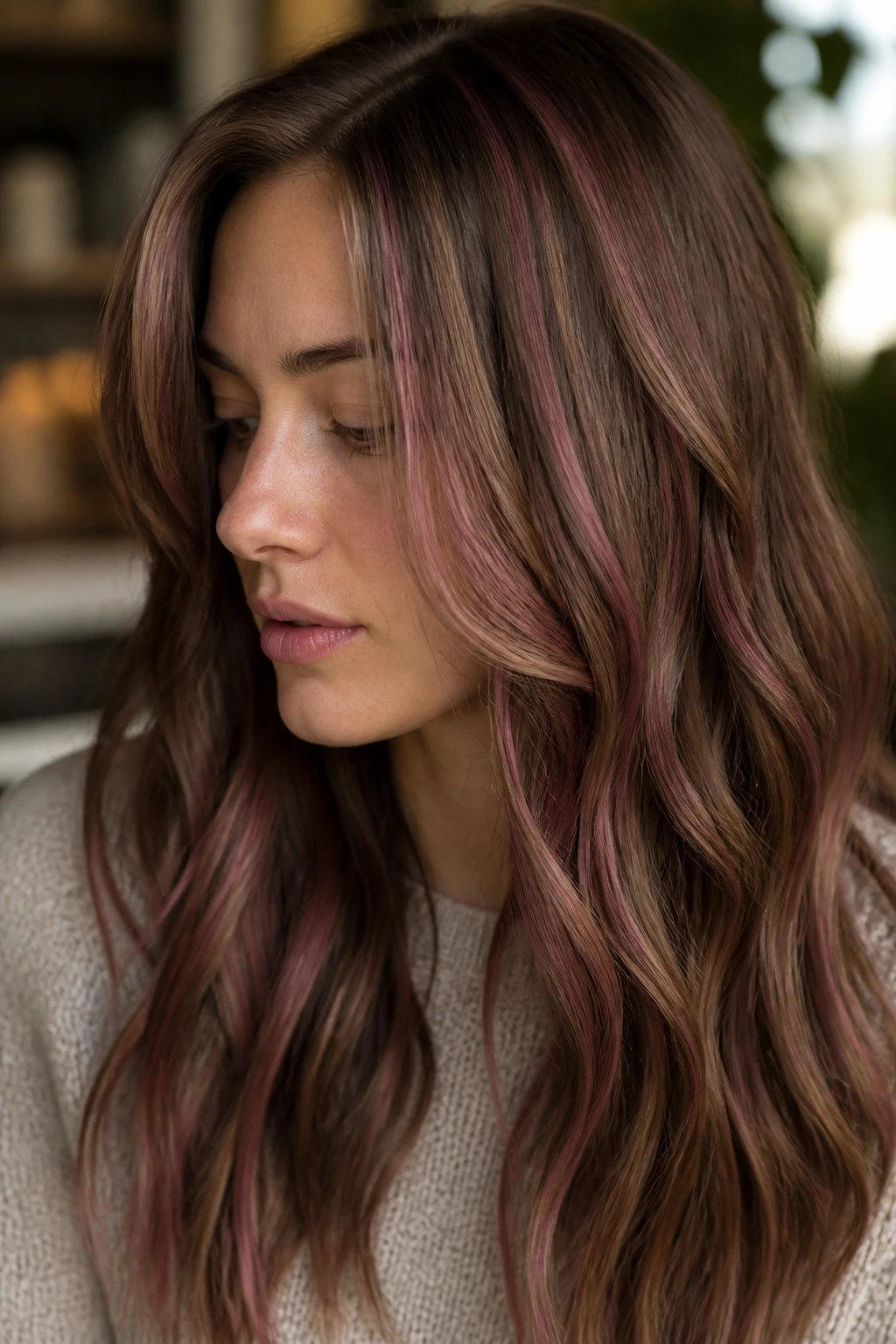 Sandy brown hair with soft rosewood ribbons in natural light