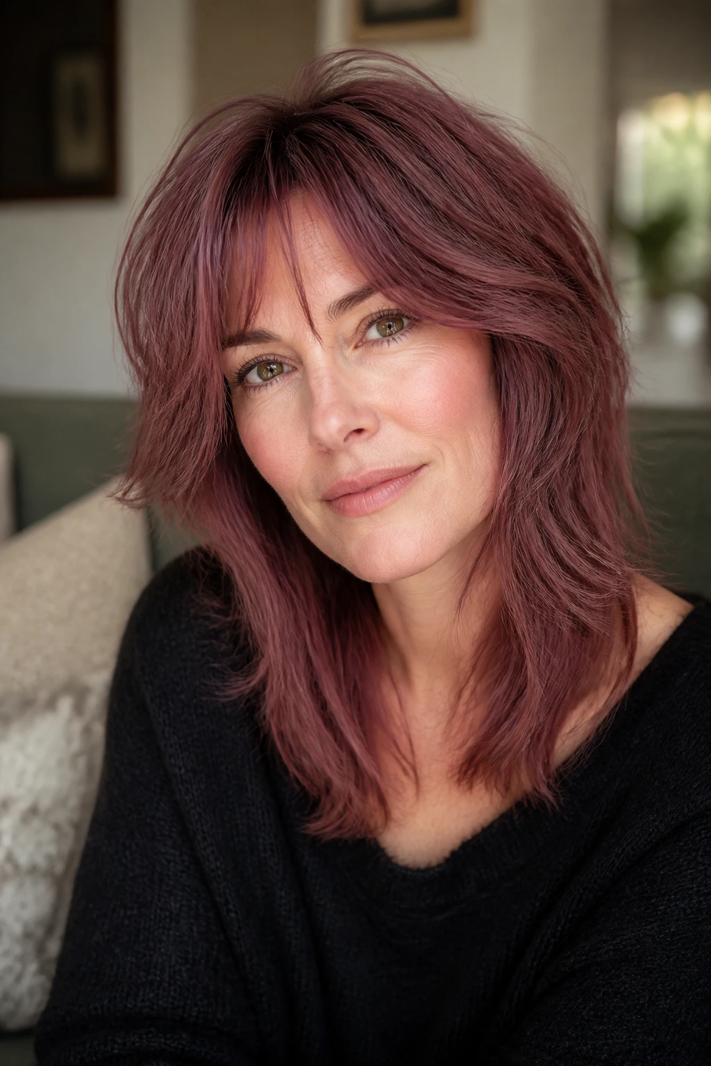 Close-up of a real woman with rosewood shag and soft face-framing layers