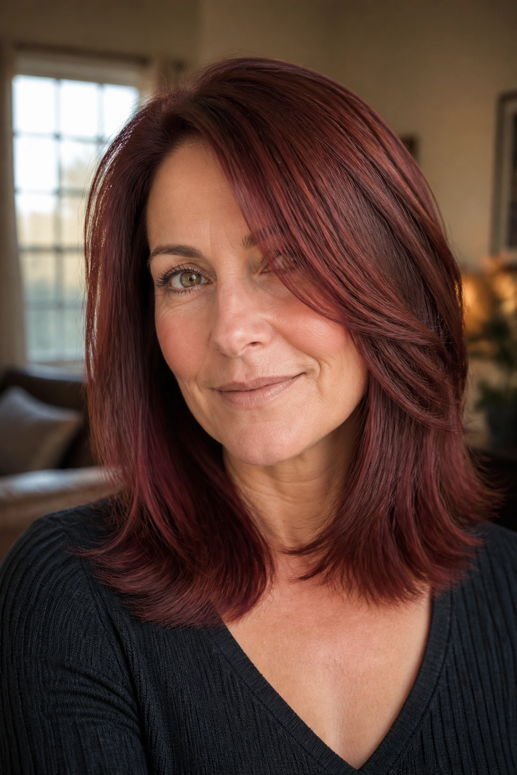 Close-up of a real woman with Rosewood Shoulder Sweep hairstyle