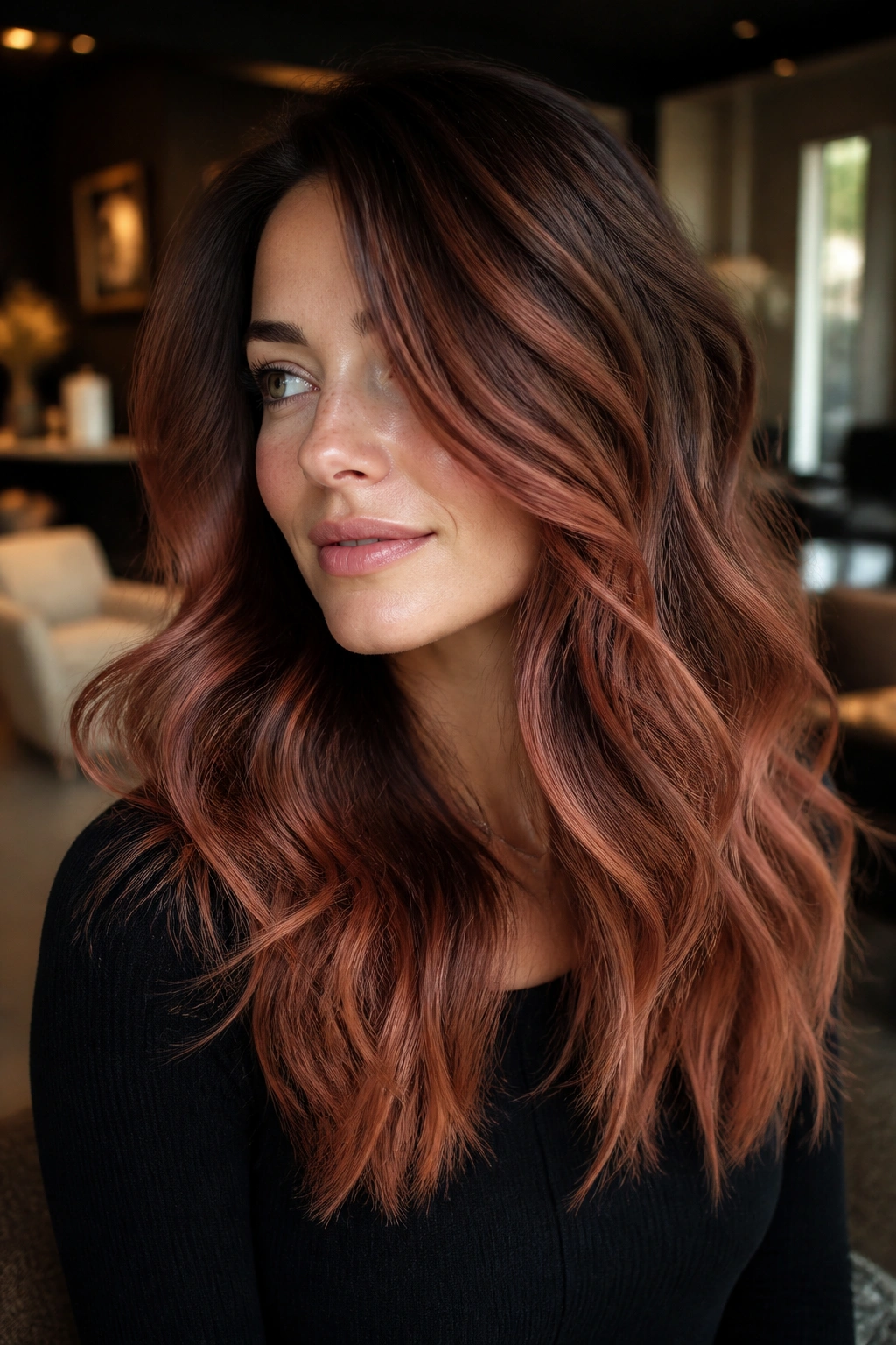 Real person showing rosewood strawberry balayage with cool base and rose-toned ribbons.
