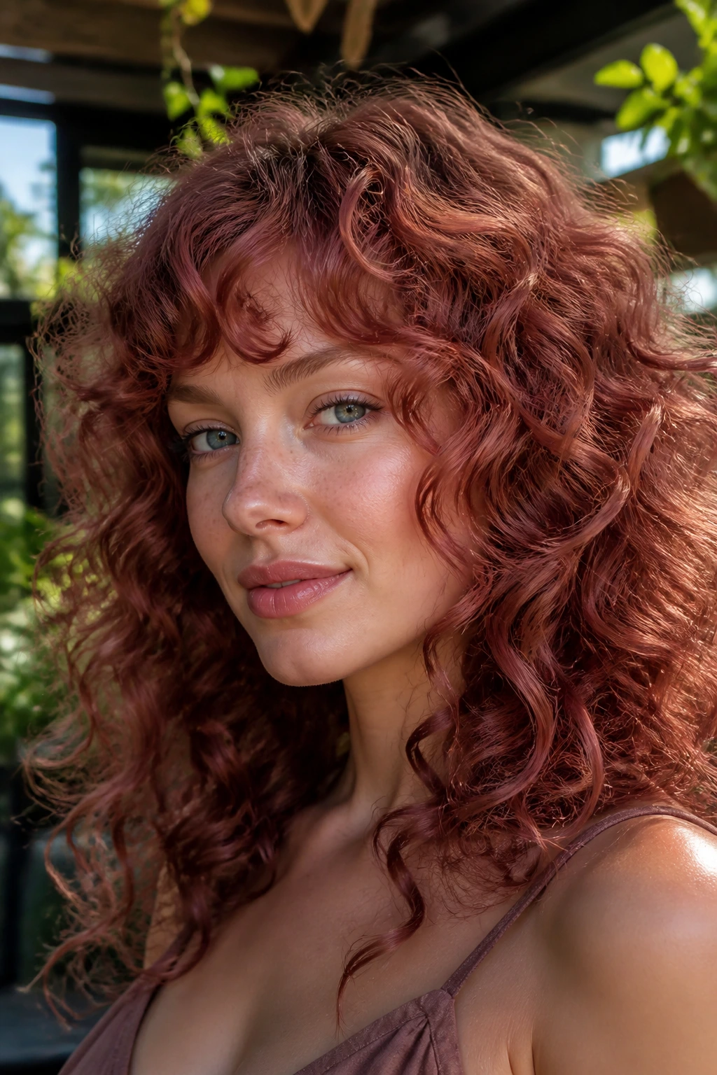 Portrait of a person with rosewood strawberry curls in natural sunlight.