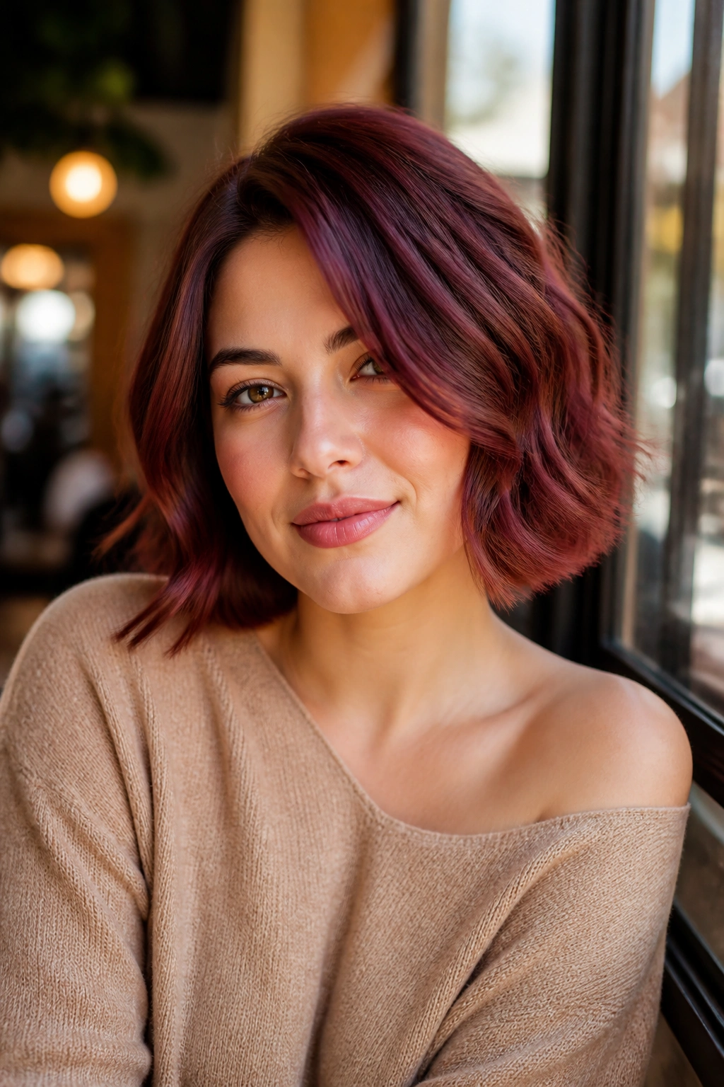 Close-up portrait of a woman with rosewood wavy bob and soft bends