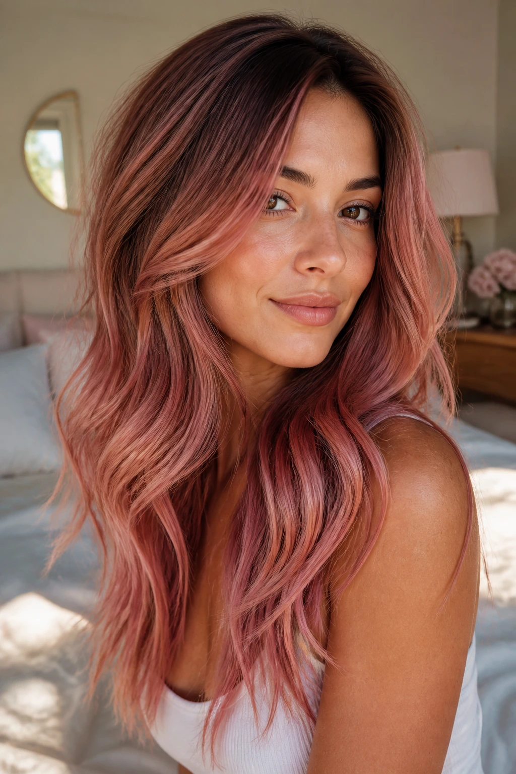 Close-up of a real woman with layered waves and rosy balayage