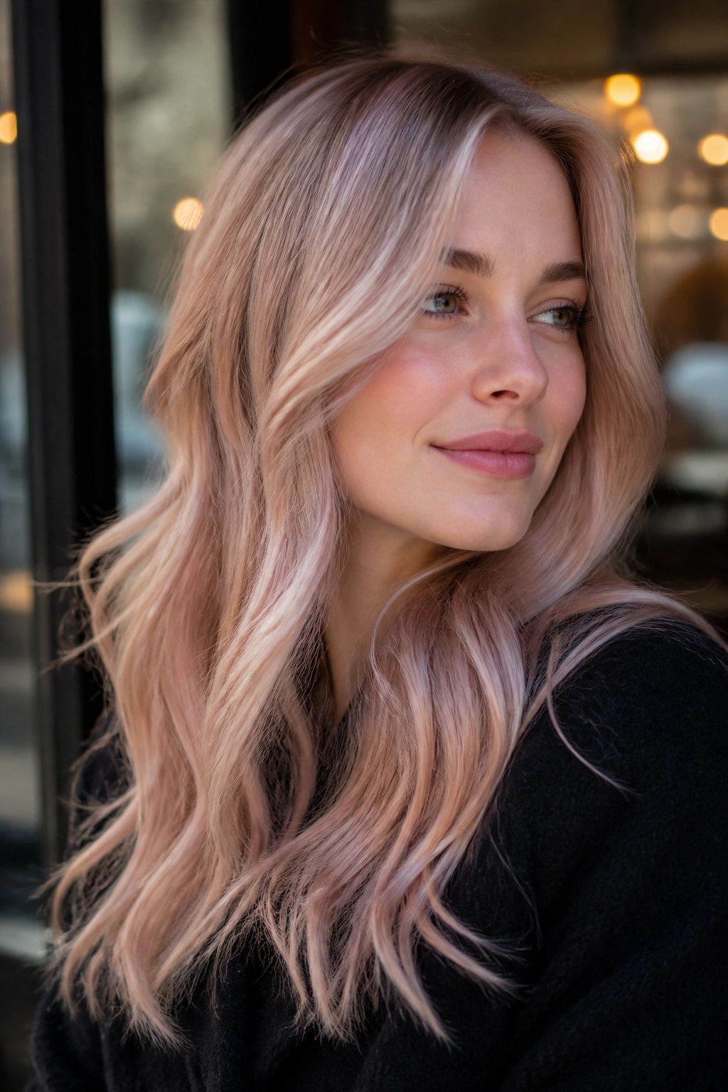 Close-up of a real woman with rosy beige blonde and pink undertones in soft ambient light.