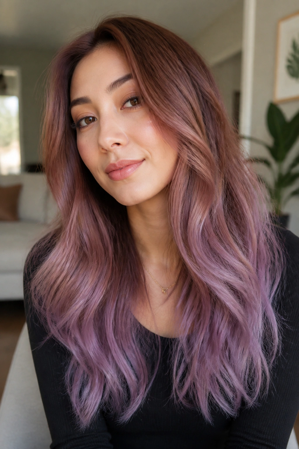 Close-up of a woman with rosy brunette transitioning to mauve lavender ends