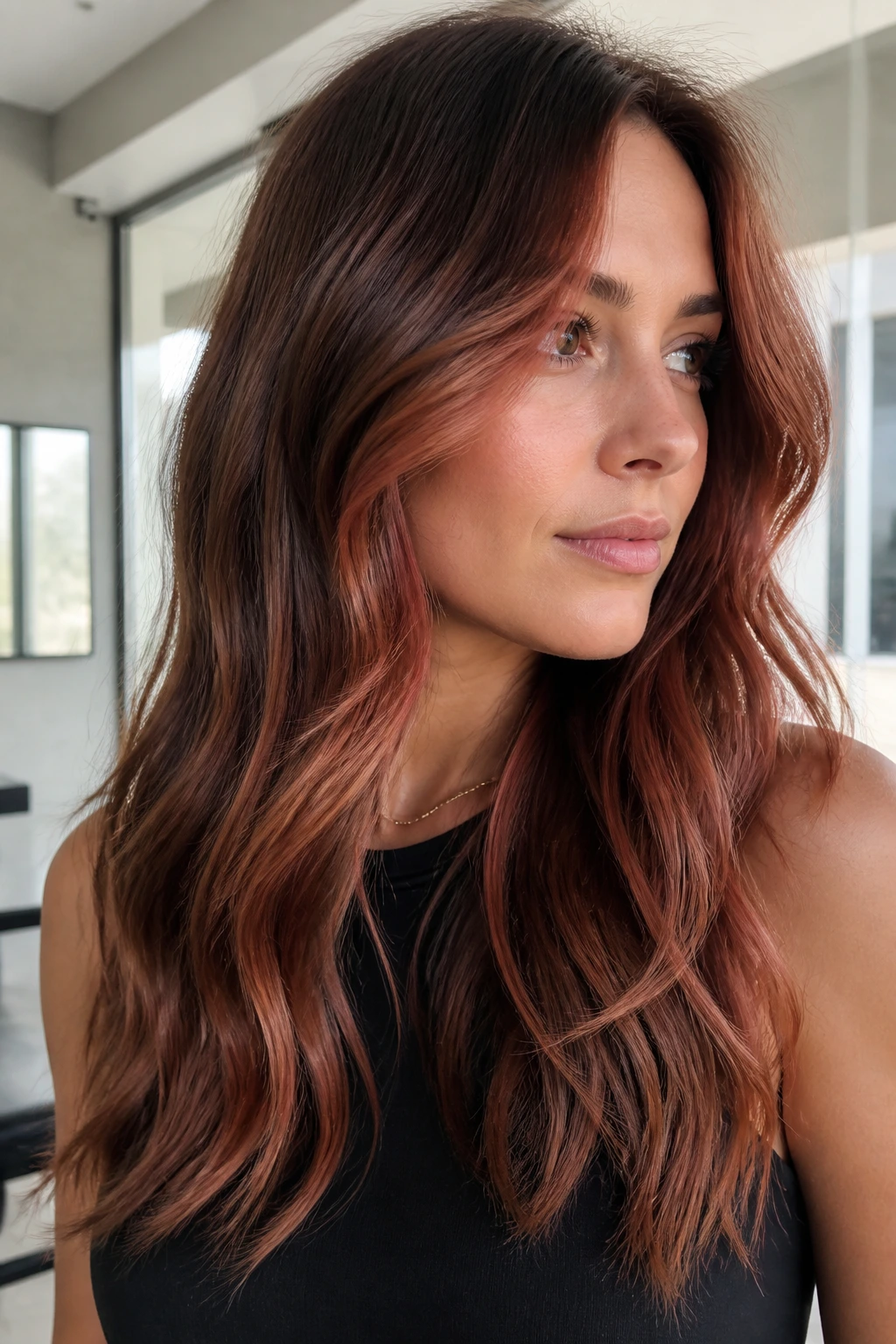 Rosy copper balayage on neutral brown with soft waves