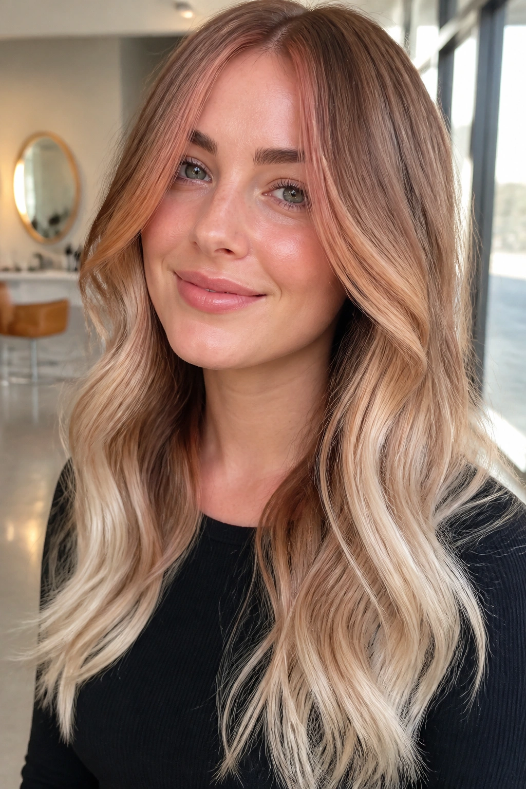Close-up of a real woman with rosy copper money piece and creamy ends