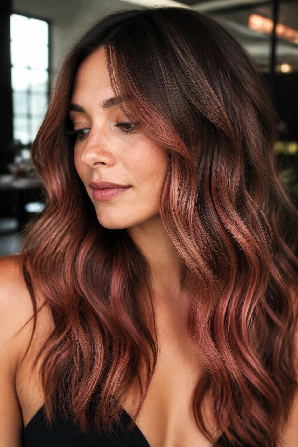 Close-up of brunette hair with rosy ginger highlights for a soft, romantic look.
