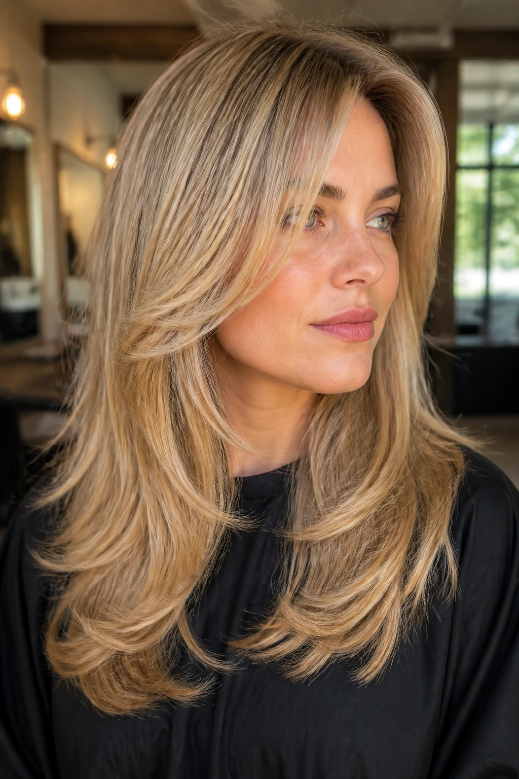 Portrait of a real woman with round-brush blowout shag showing soft curve and crown lift in blonde tones
