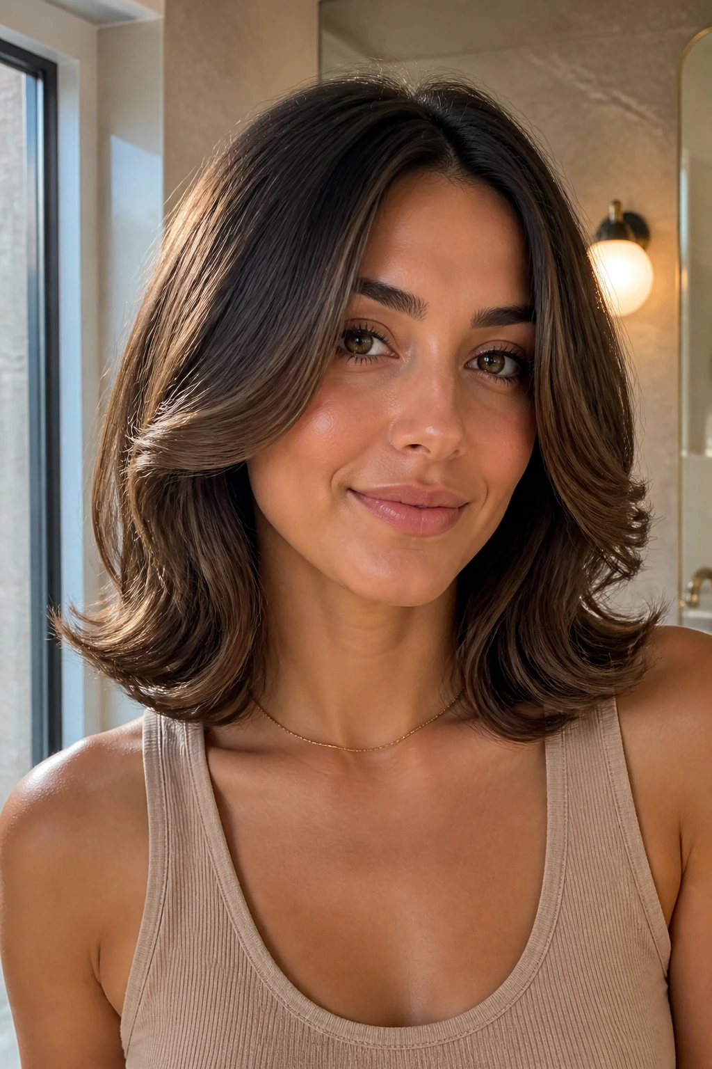 Close-up of a woman with round-brush blowout waves
