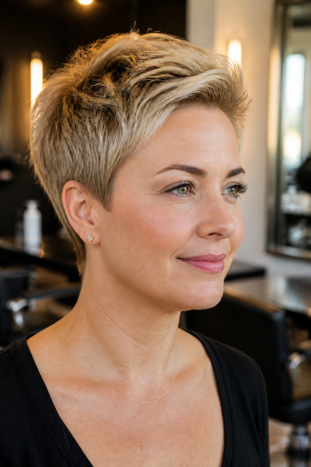 Portrait of a real woman with round-brushed pixie crown height under salon lighting