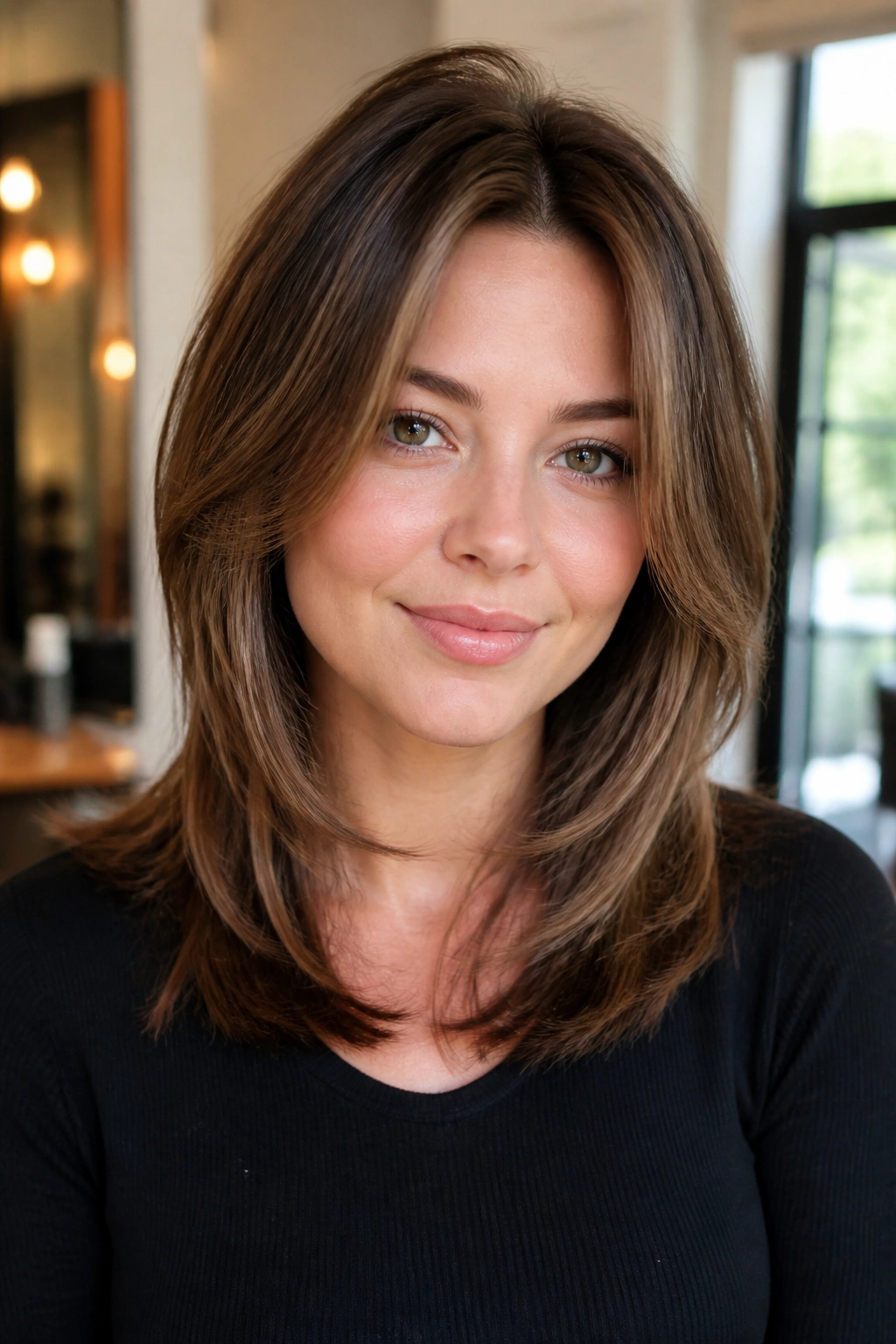 Close-up portrait of a real woman with a flattering round-face hairstyle showing crown lift and a clean perimeter.