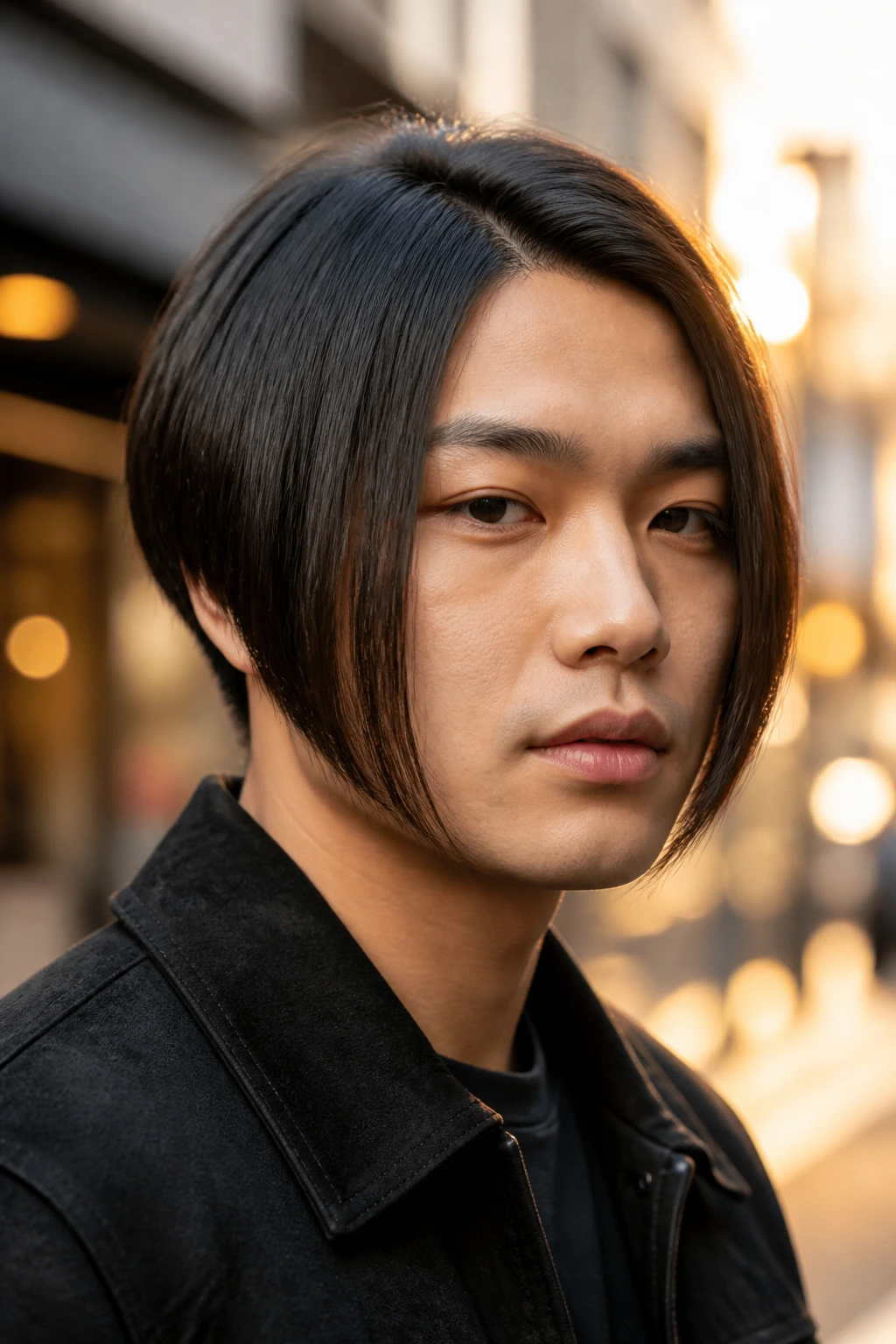 Close-up of a man with round-face balancing inverted bob in golden hour street