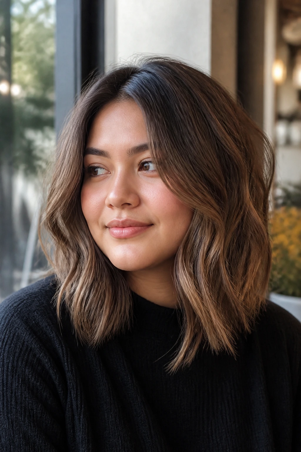 Portrait of a real woman with a round face wearing a wavy lob designed to elongate the silhouette.