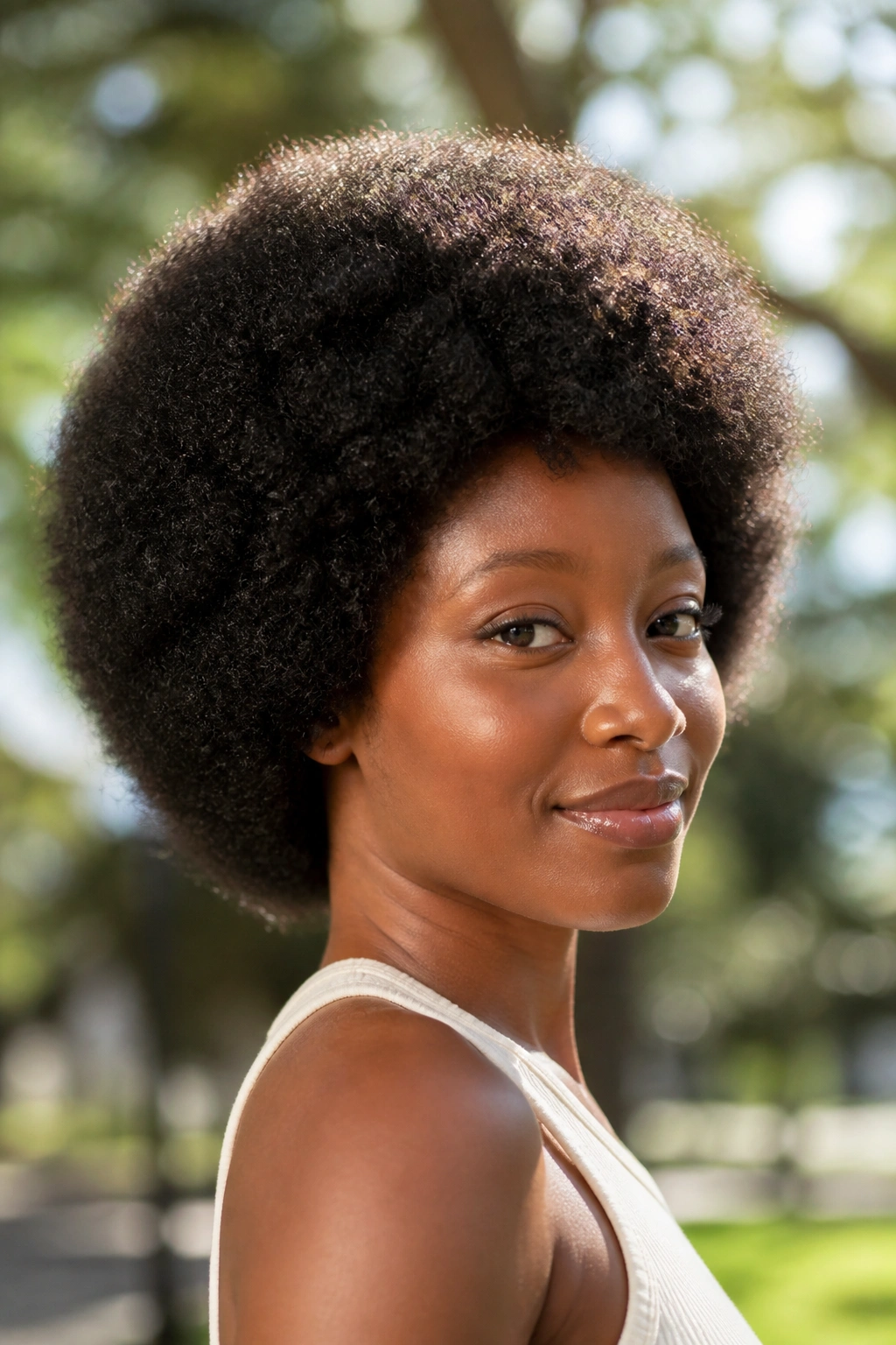 Close-up of a person with a rounded afro in a sunlit park.