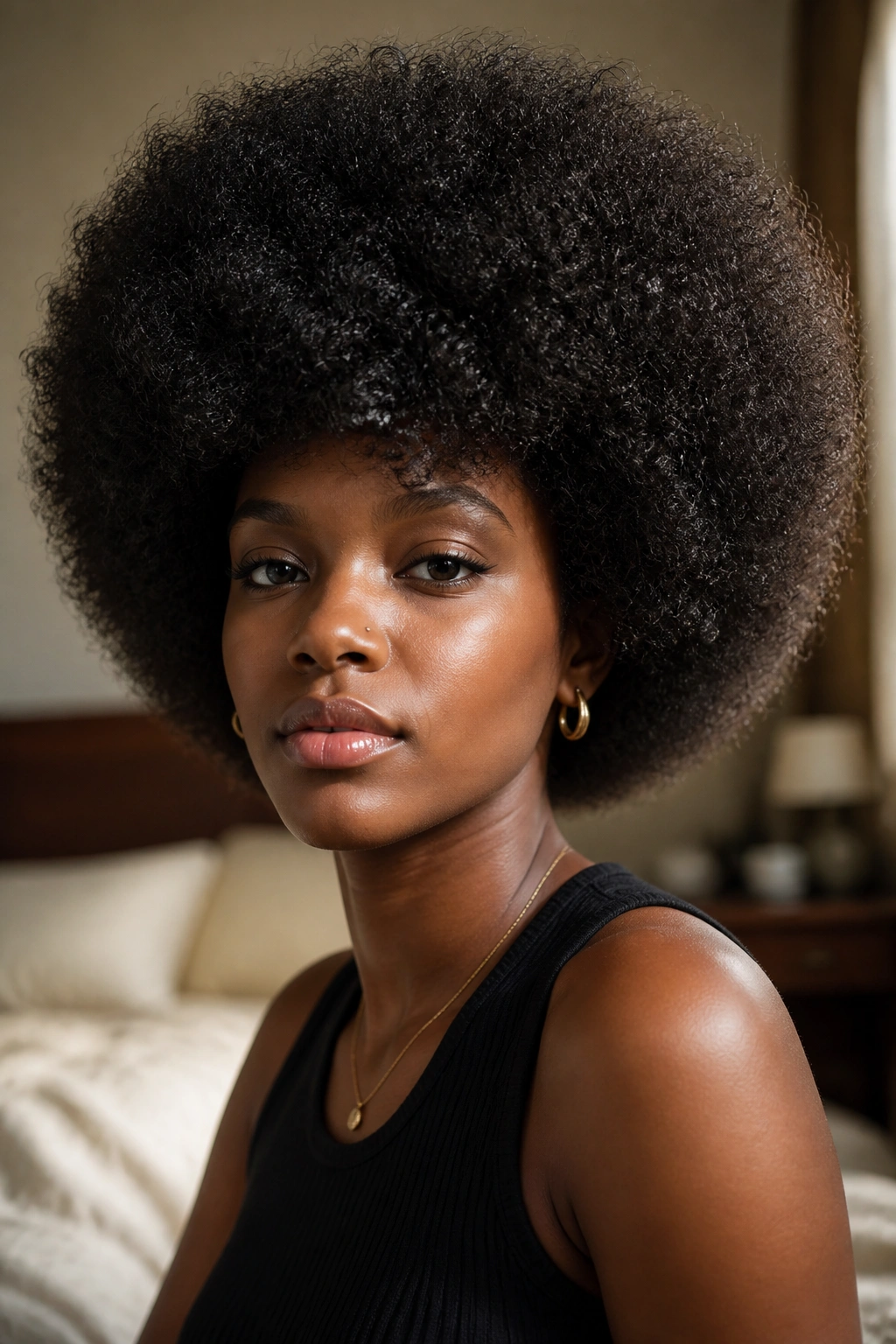 Close-up portrait of a real woman with a rounded Afro for Type 4C hair