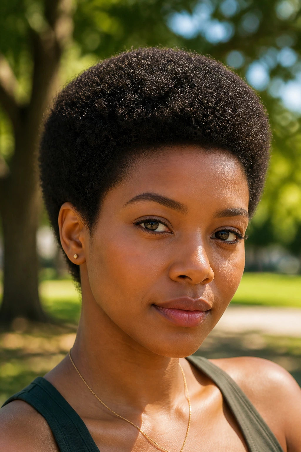 Close-up of a person with a rounded Afro Crop in a sunlit park
