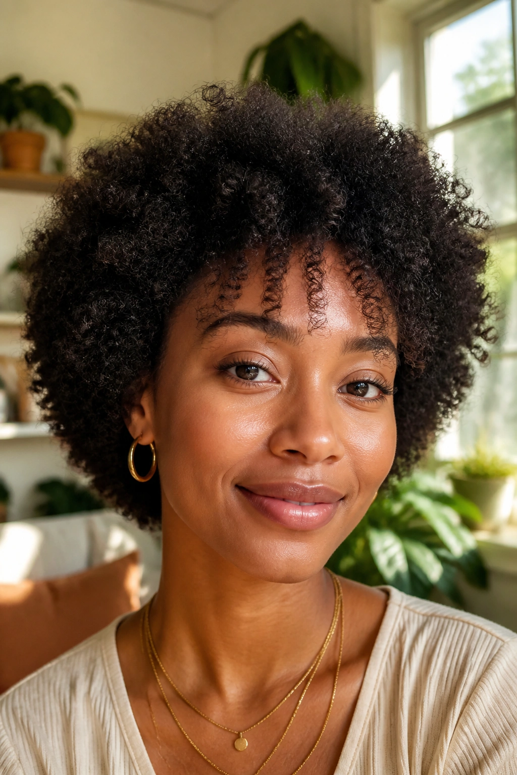 Close-up portrait of a real woman with rounded Afro and feather-light fringe