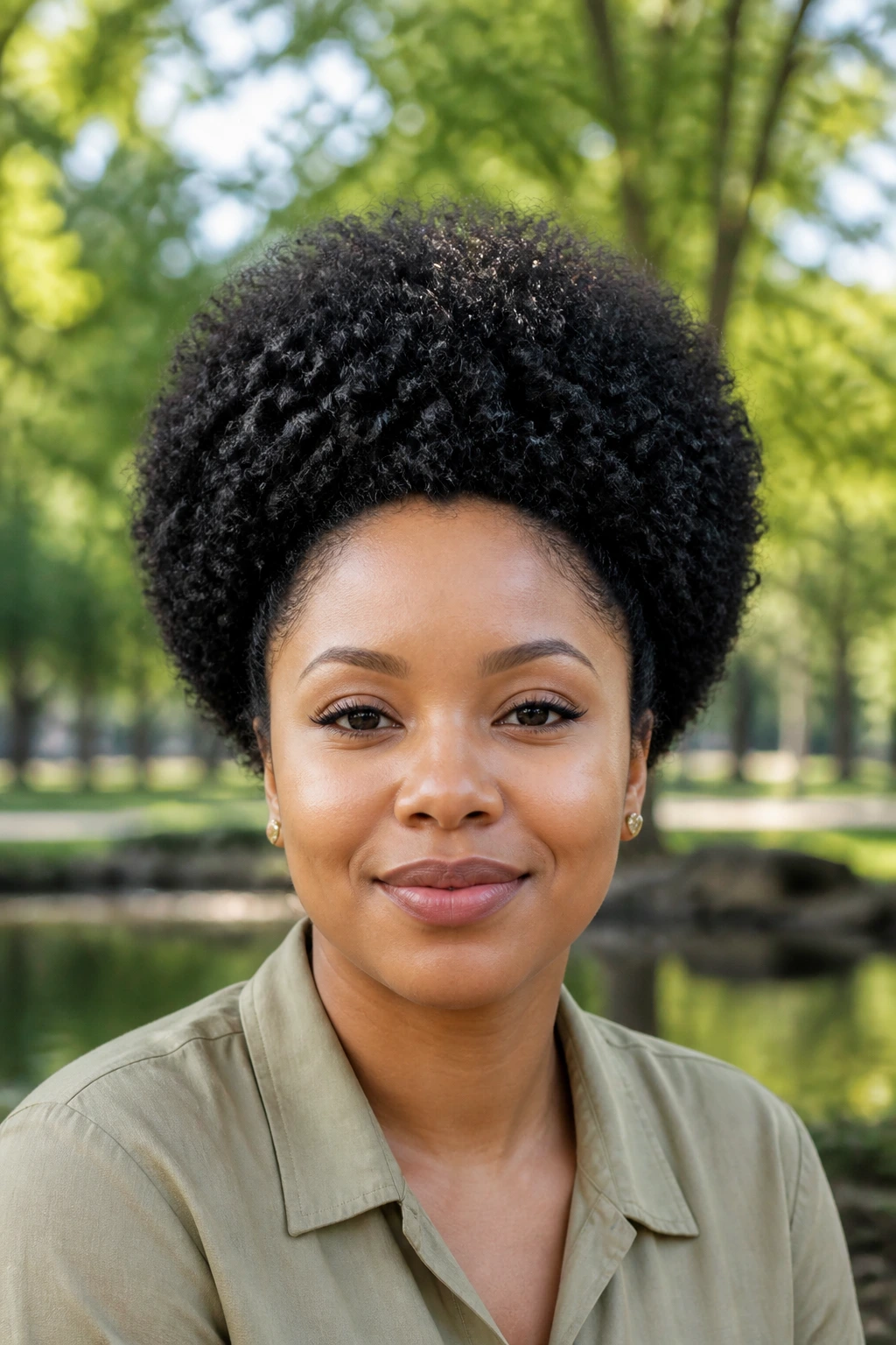Close-up of a real woman with Rounded Afro with height on top
